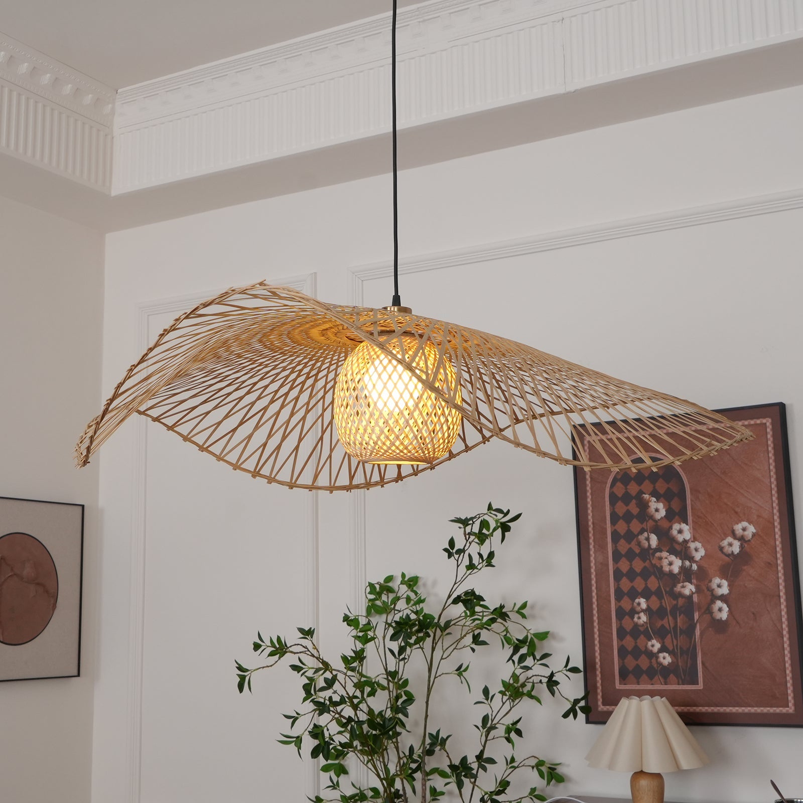 Pendant Lamp Bamboo Lotus Leaf Shape Open Weave Natural - Letslighting
