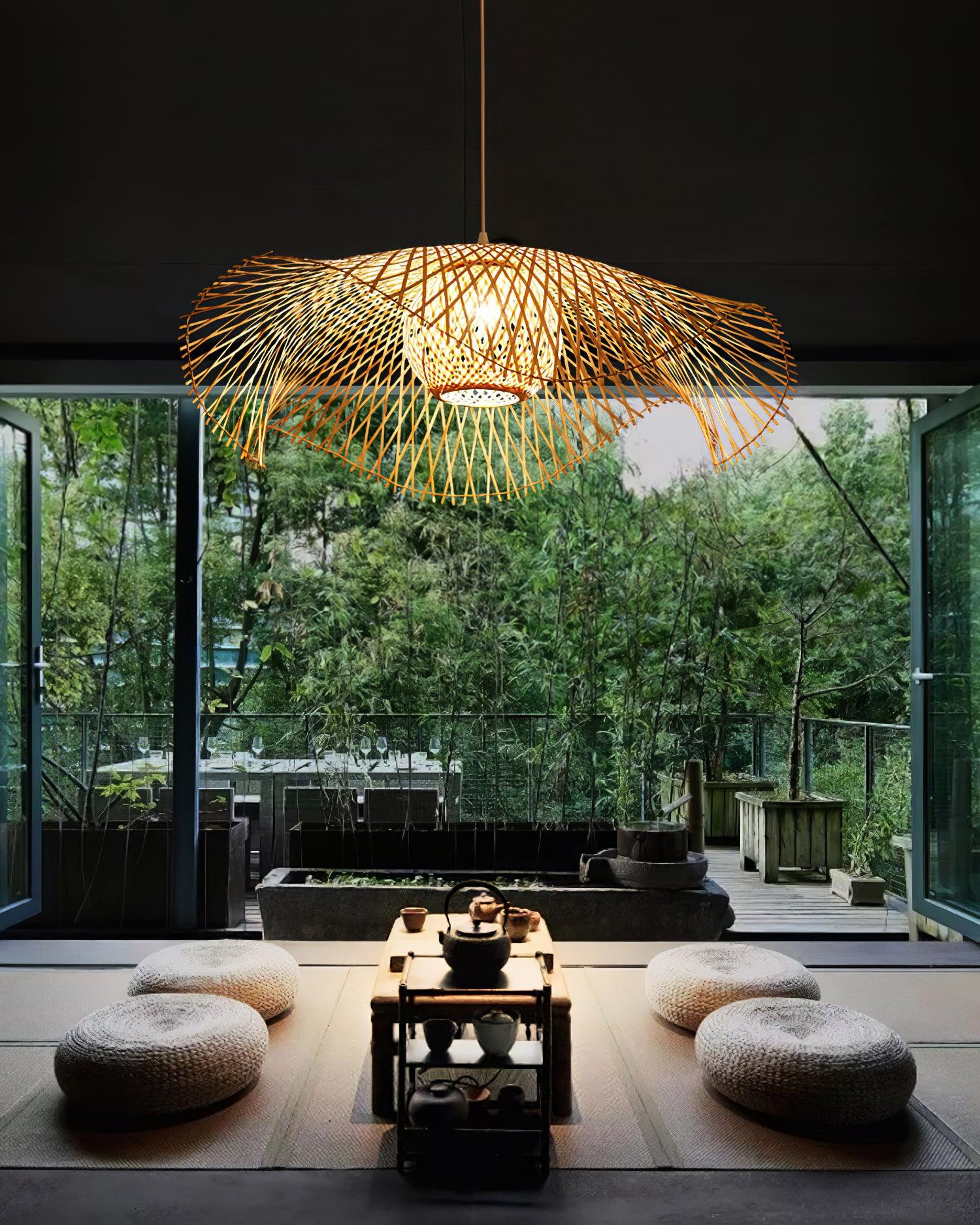 Pendant Lamp Bamboo Lotus Leaf Shape Open Weave Natural - Letslighting