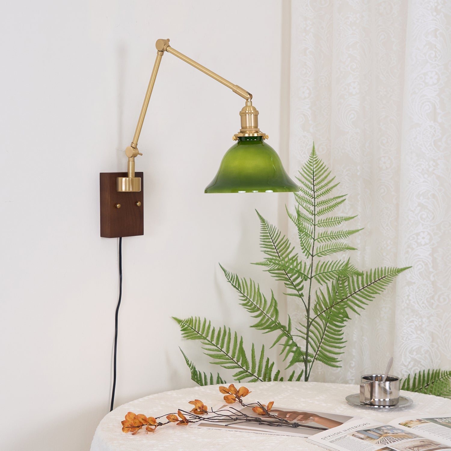 Vionde Adjustable Brass and Green Glass Wall Lamp - Letslighting