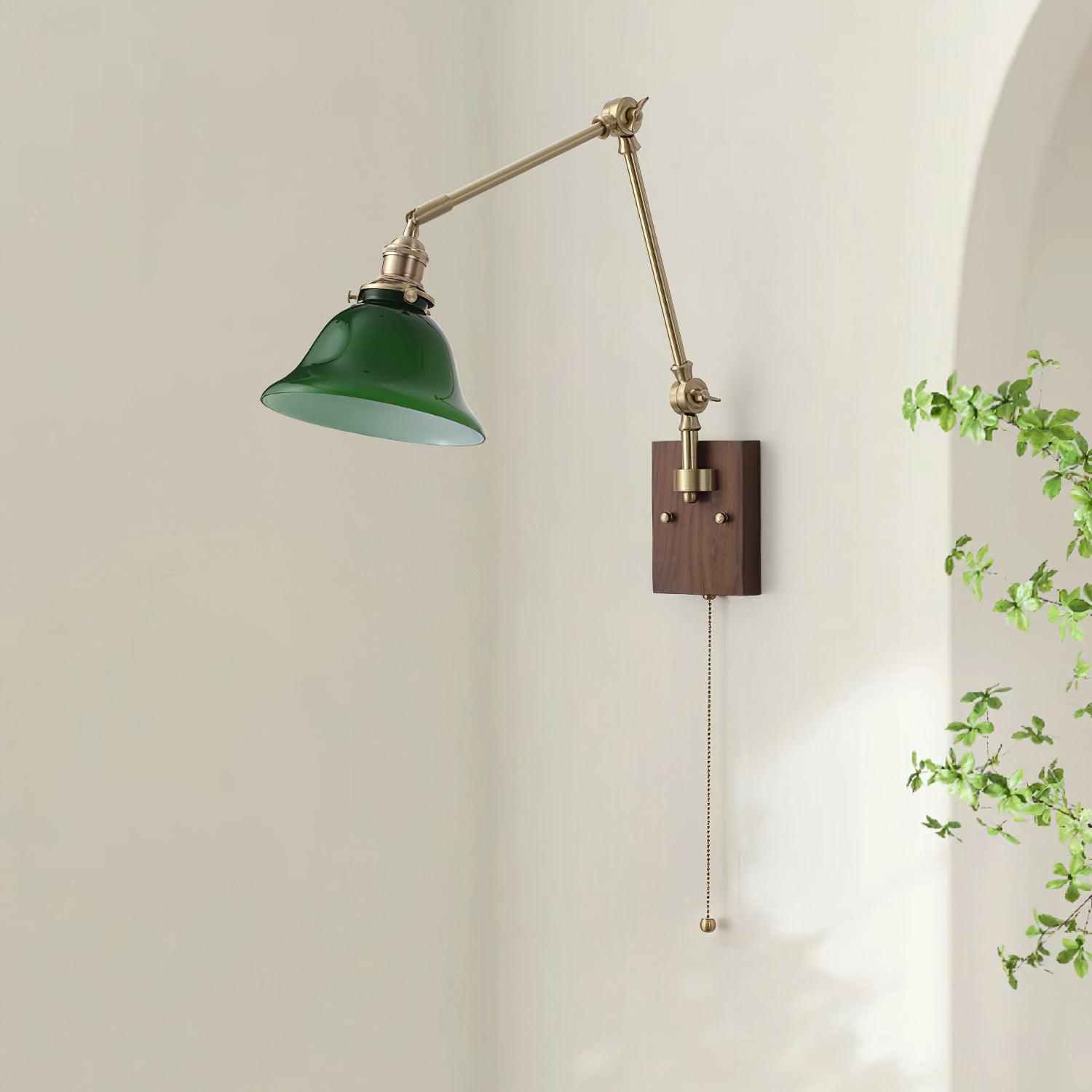 Wall Lamp Brass and Glass Shade Walnut Wood Base Adjustable Arm Vintage - Letslighting