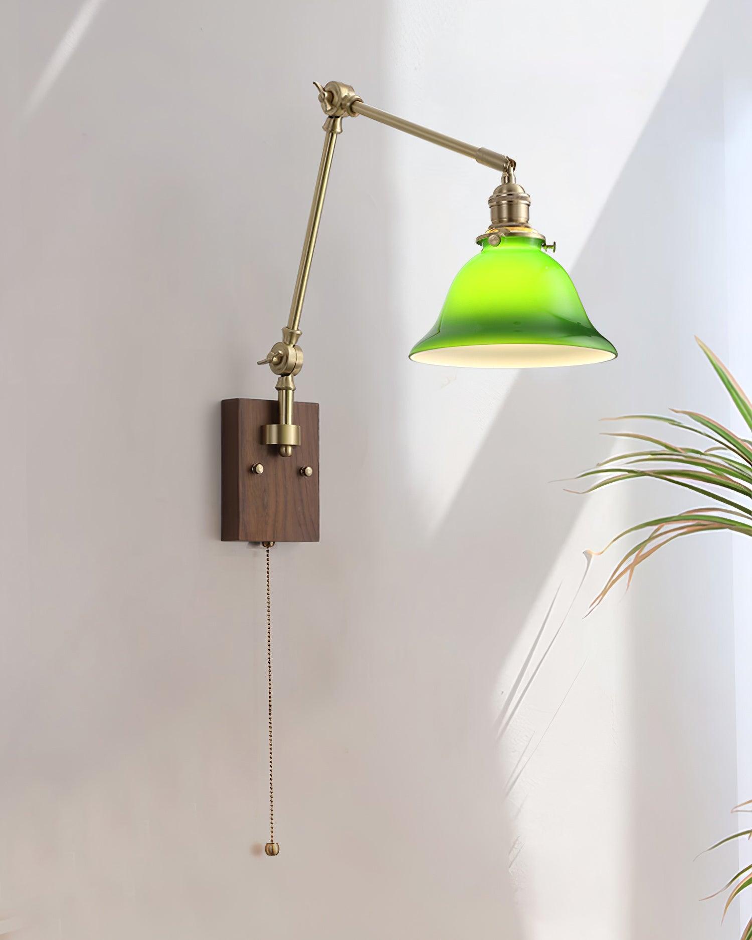 Wall Lamp Brass and Glass Shade Walnut Wood Base Adjustable Arm Vintage - Letslighting