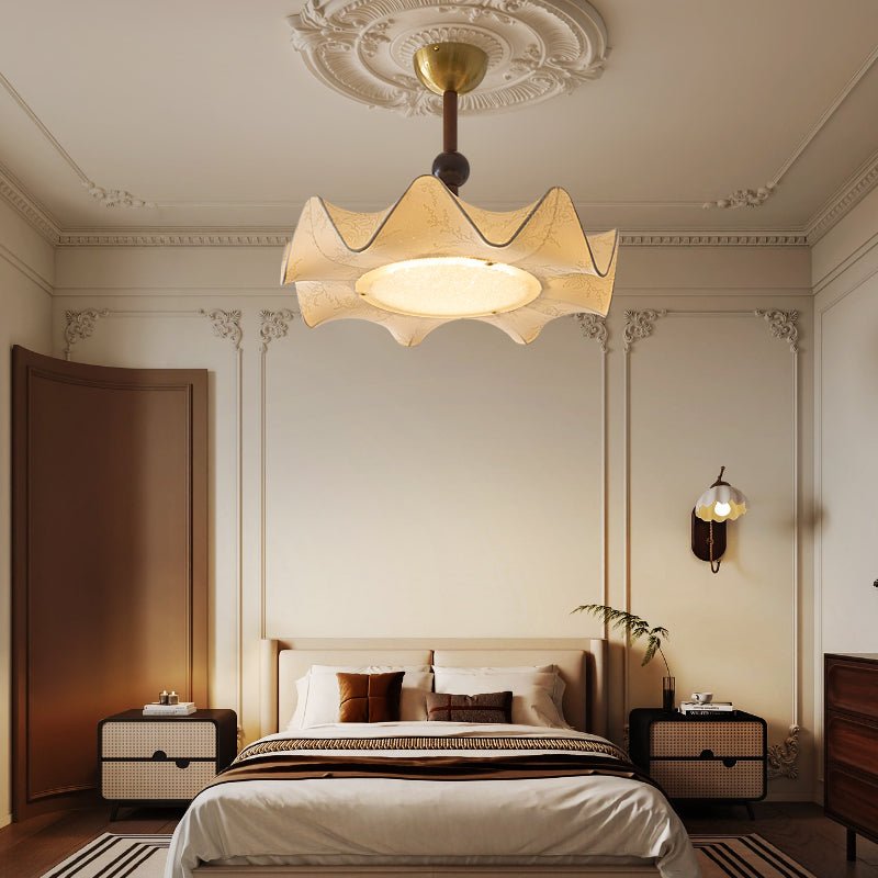 Ritta Ceiling Light Floral-patterned etched fabric Wood
