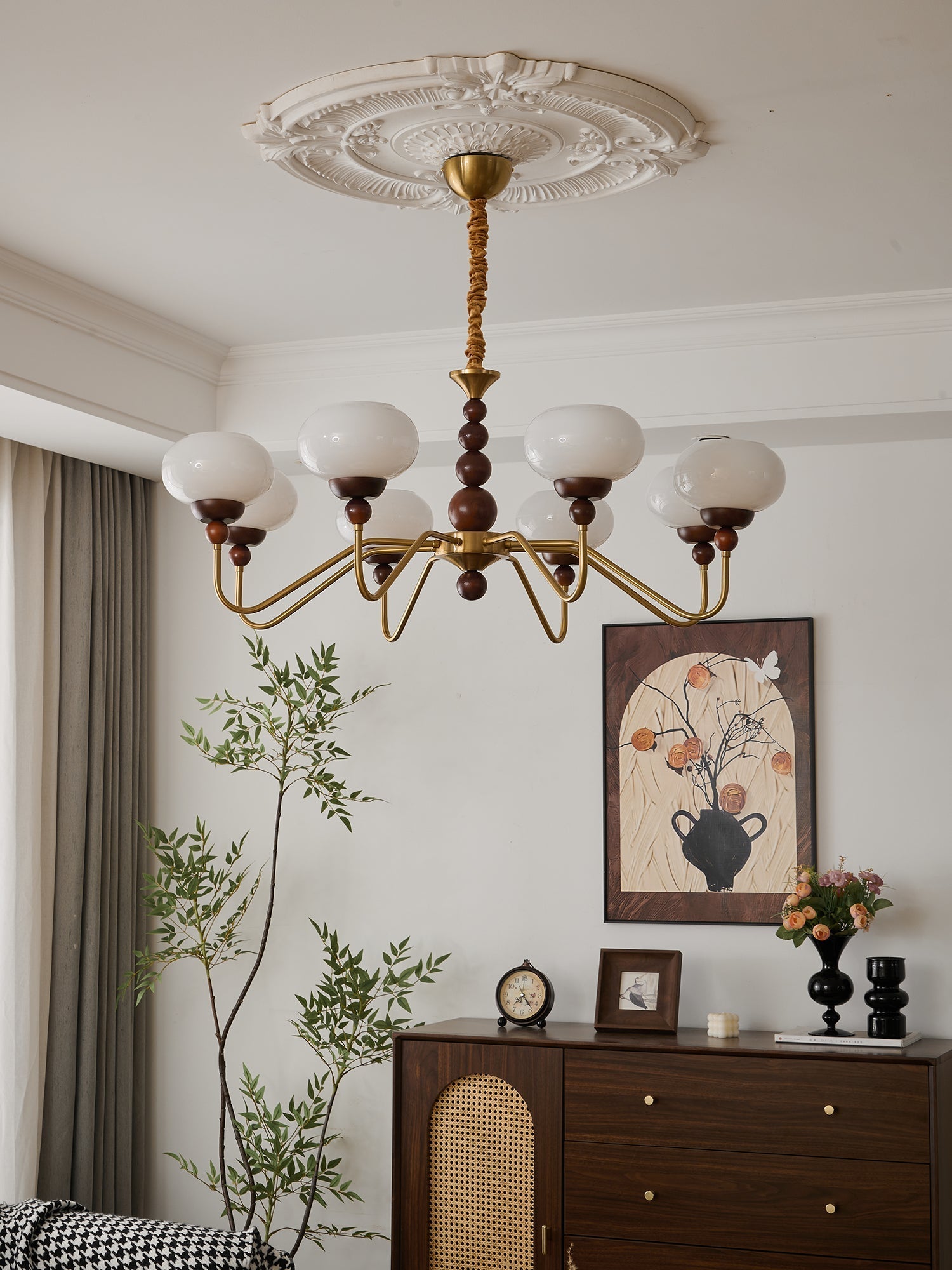Lustra Chandelier Glass Wood Brass Modern 6-Light - Letslighting