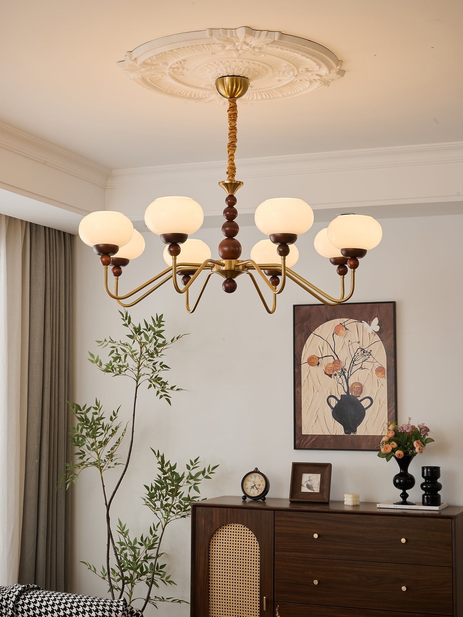 Lustra Chandelier Glass Wood Brass Modern 6-Light - Letslighting