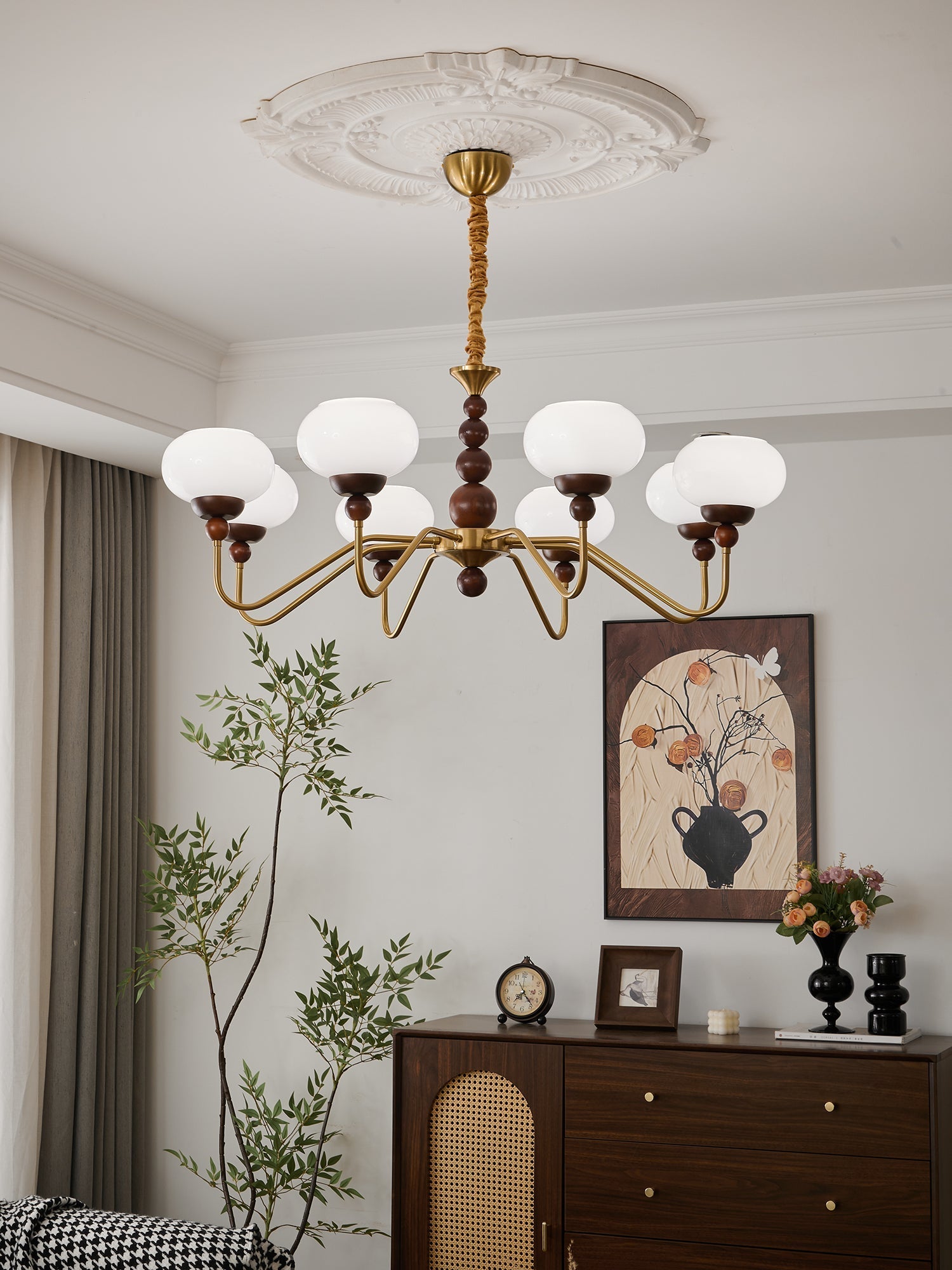 Lustra Chandelier Glass Wood Brass Modern 6-Light - Letslighting