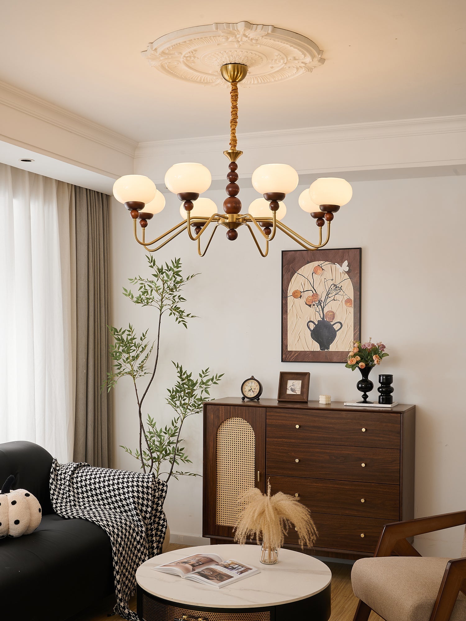 Lustra Chandelier Glass Wood Brass Modern 6-Light - Letslighting