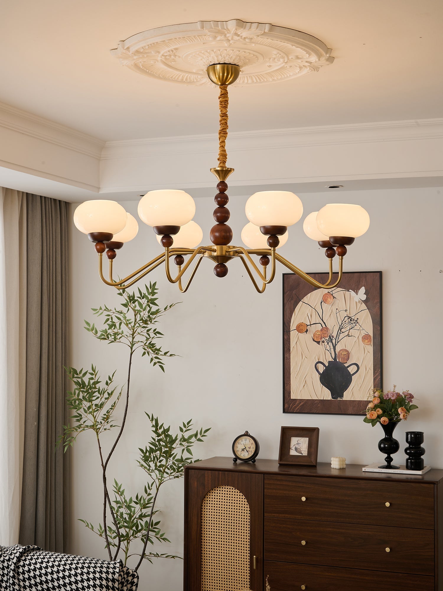 Lustra Chandelier Glass Wood Brass Modern 6-Light - Letslighting