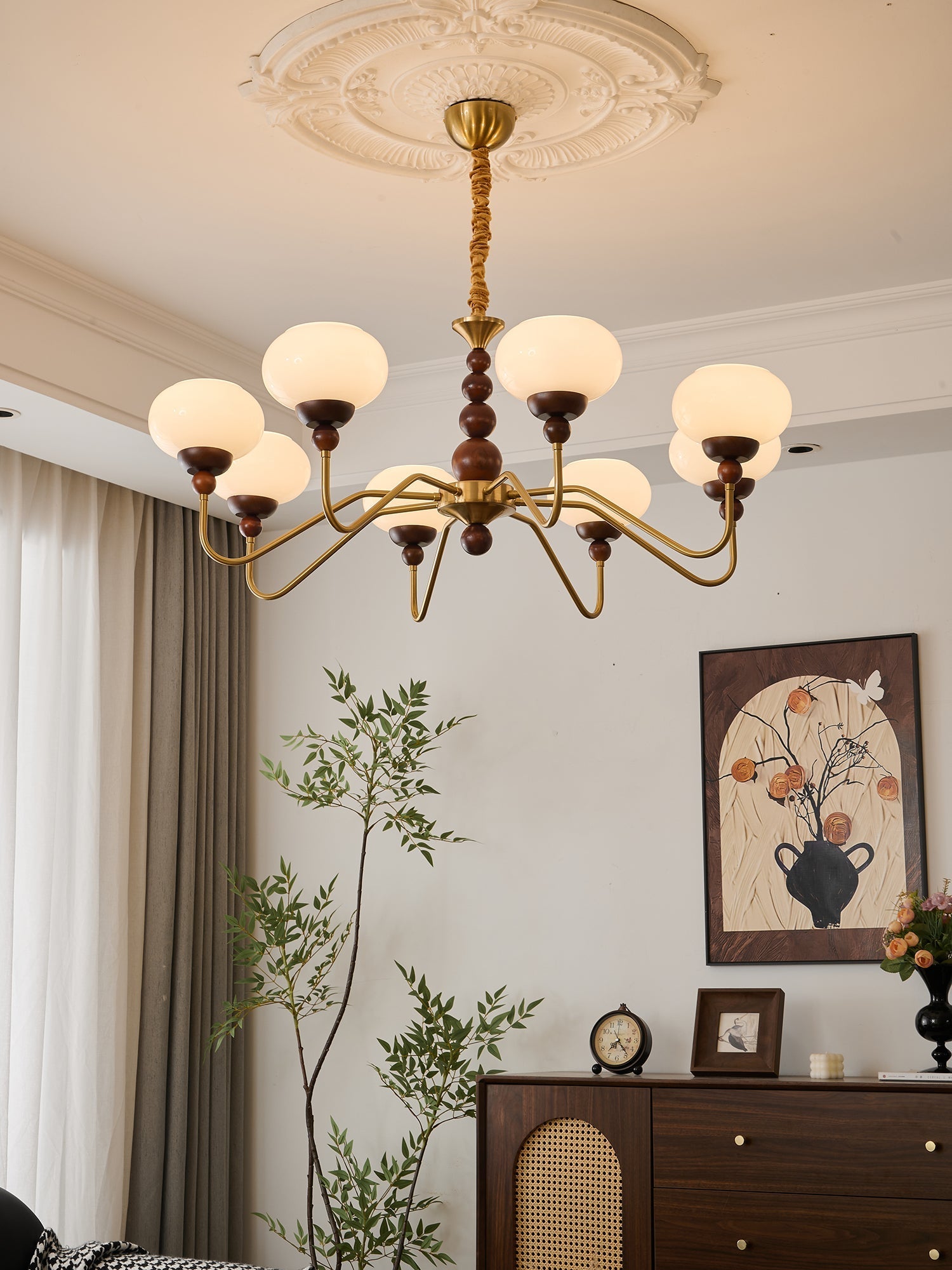 Lustra Chandelier Glass Wood Brass Modern 6-Light - Letslighting