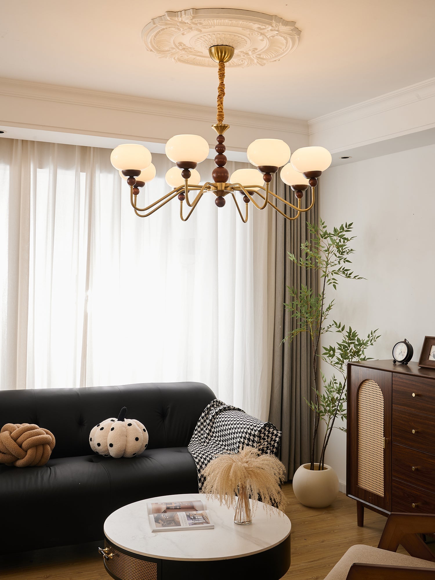 Lustra Chandelier Glass Wood Brass Modern 6-Light - Letslighting