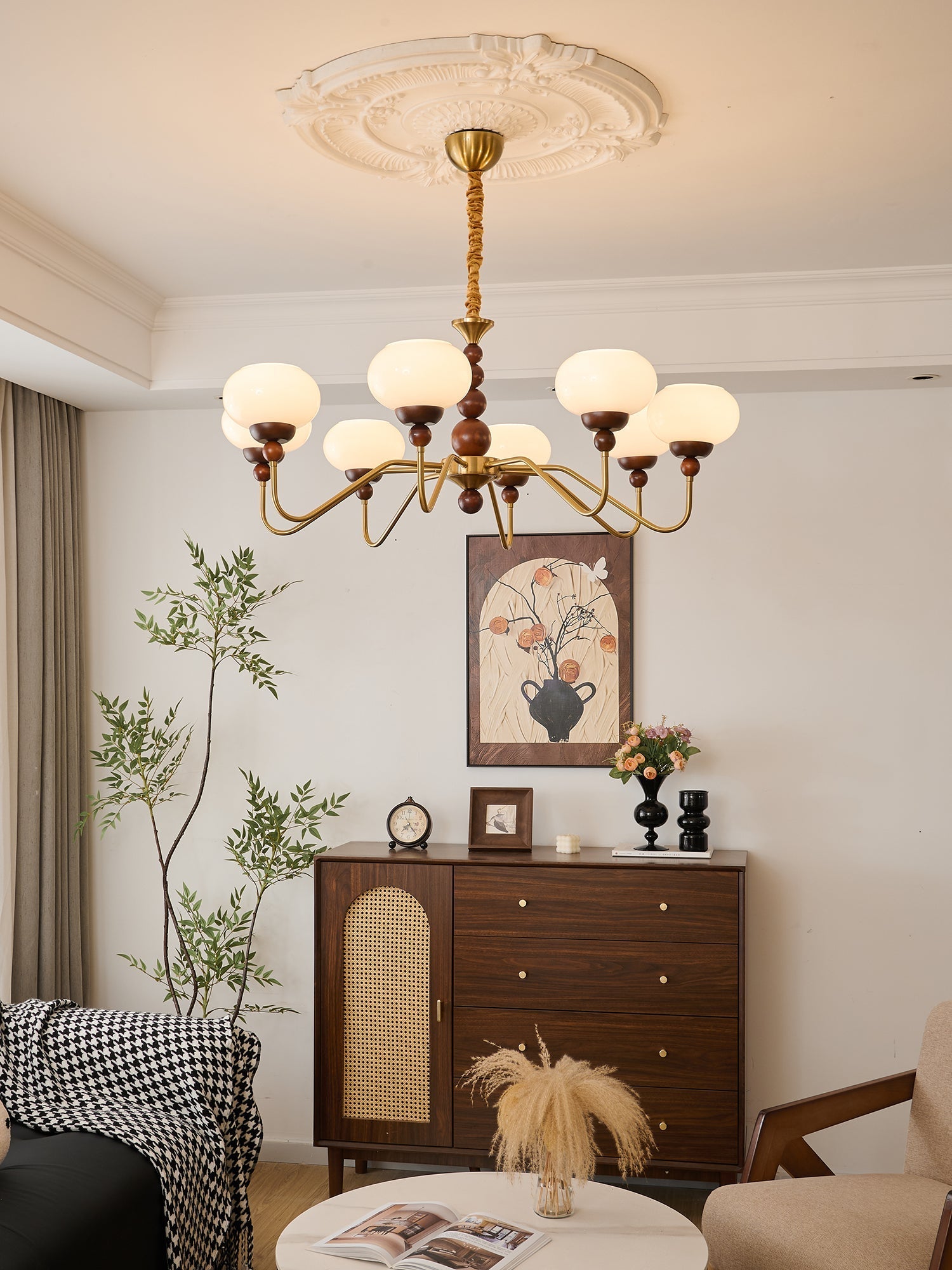Lustra Chandelier Glass Wood Brass Modern 6-Light - Letslighting