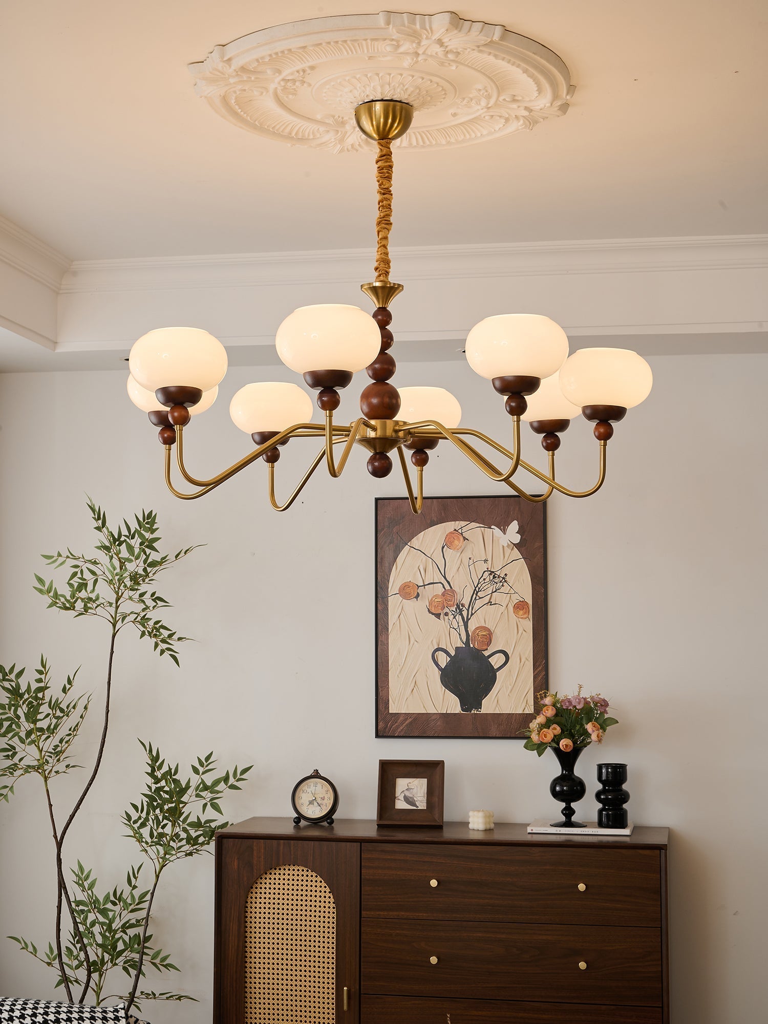 Lustra Chandelier Glass Wood Brass Modern 6-Light - Letslighting