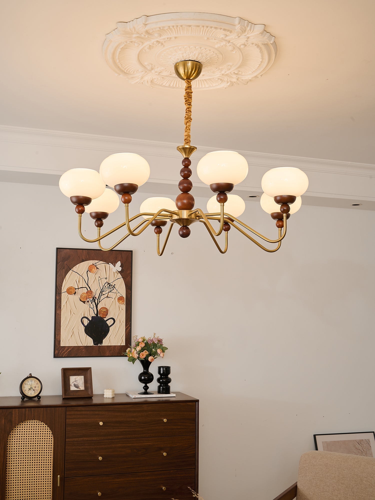 Lustra Chandelier Glass Wood Brass Modern 6-Light - Letslighting