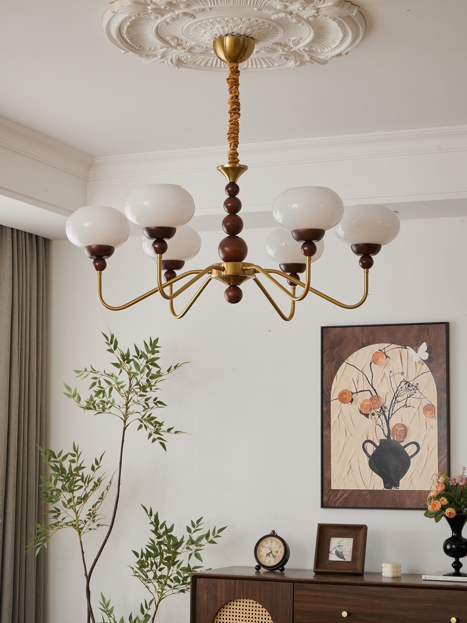 Lustra Chandelier Glass Wood Brass Modern 6-Light - Letslighting