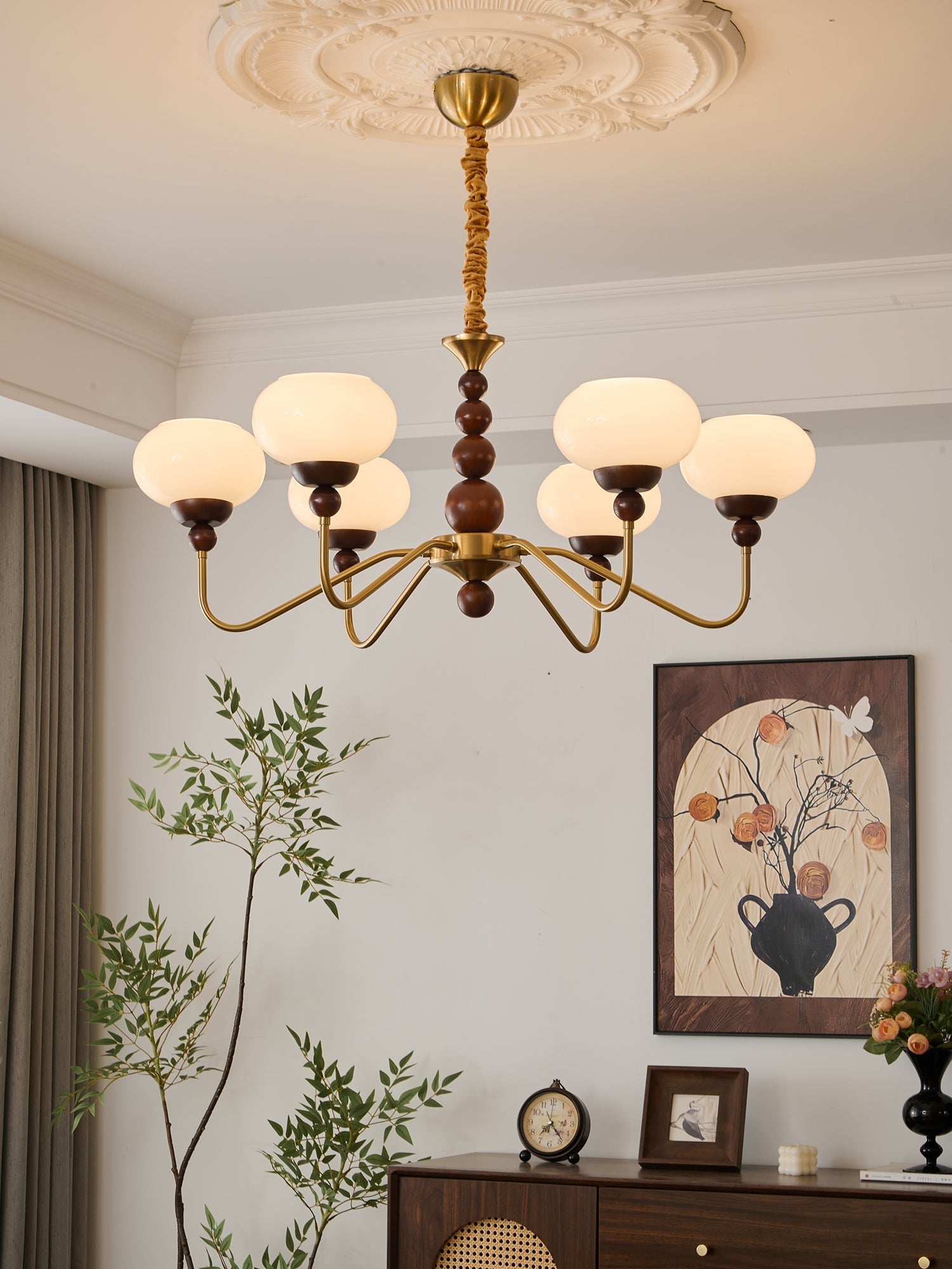 Lustra Chandelier Glass Wood Brass Modern 6-Light - Letslighting