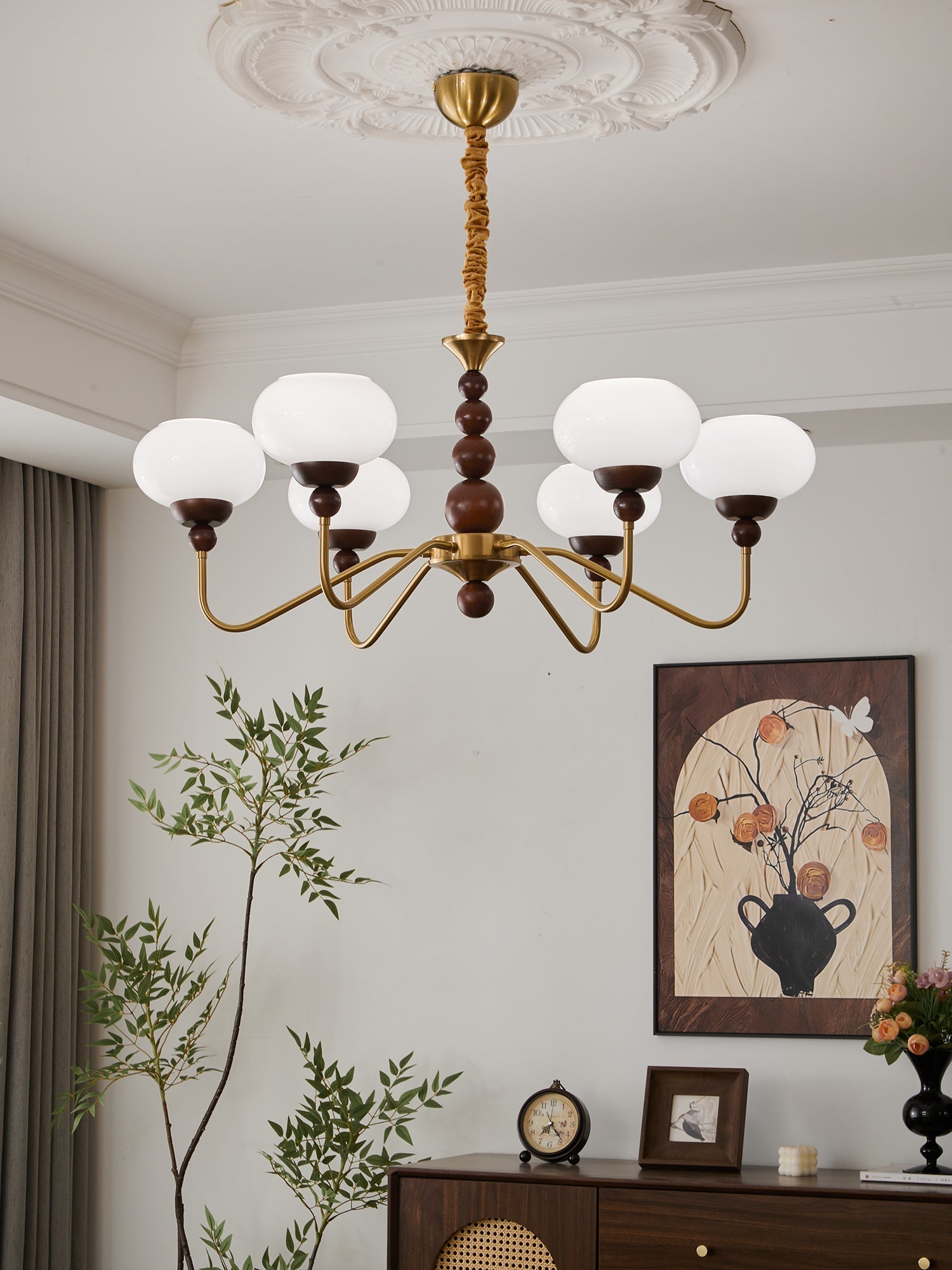 Lustra Chandelier Glass Wood Brass Modern 6-Light - Letslighting