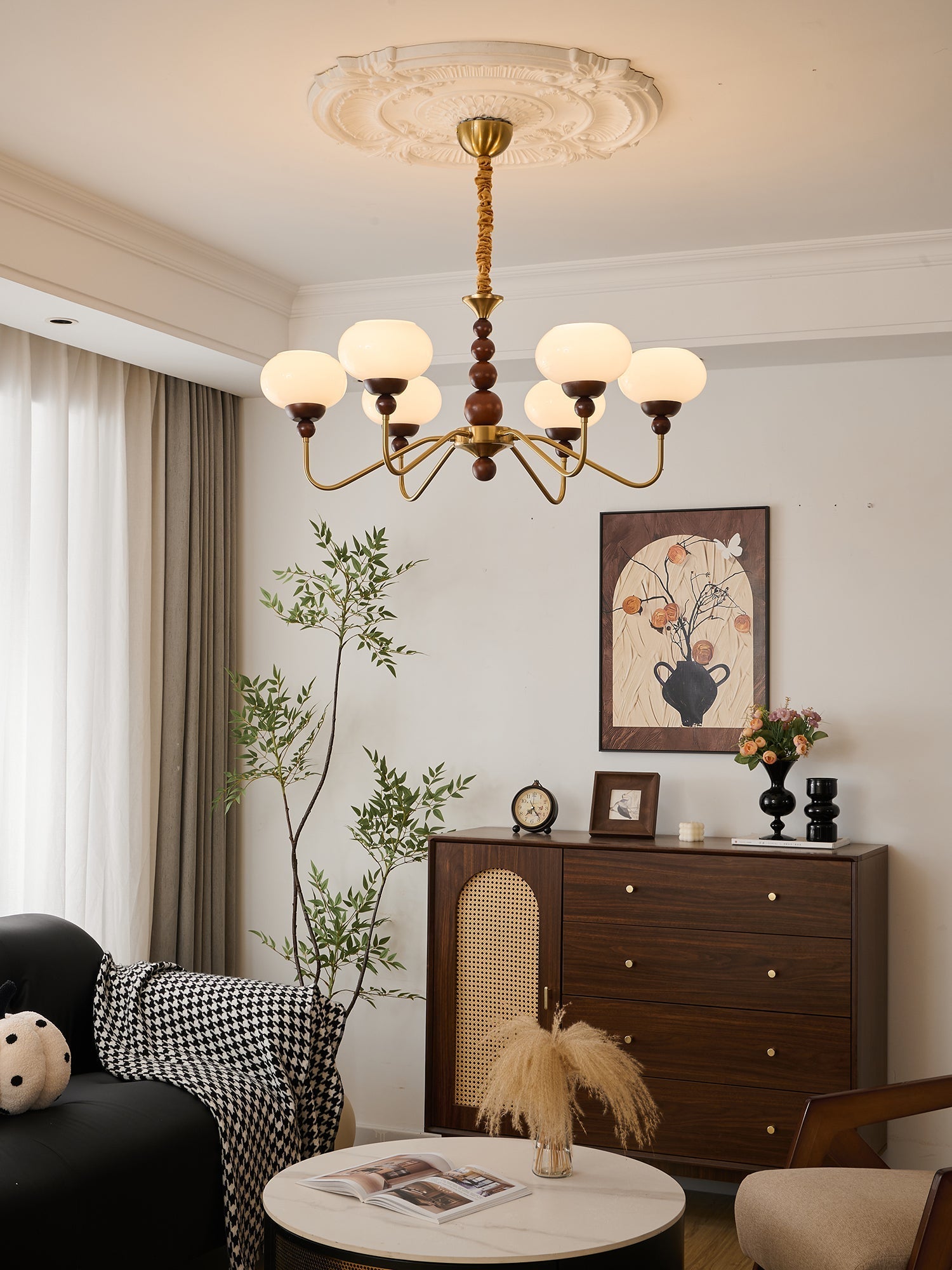 Lustra Chandelier Glass Wood Brass Modern 6-Light - Letslighting