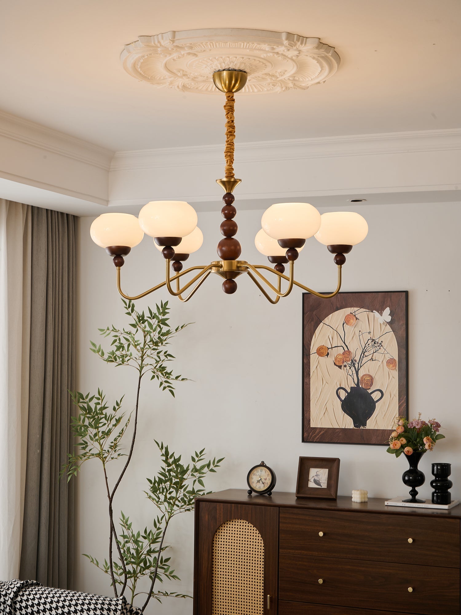 Lustra Chandelier Glass Wood Brass Modern 6-Light - Letslighting
