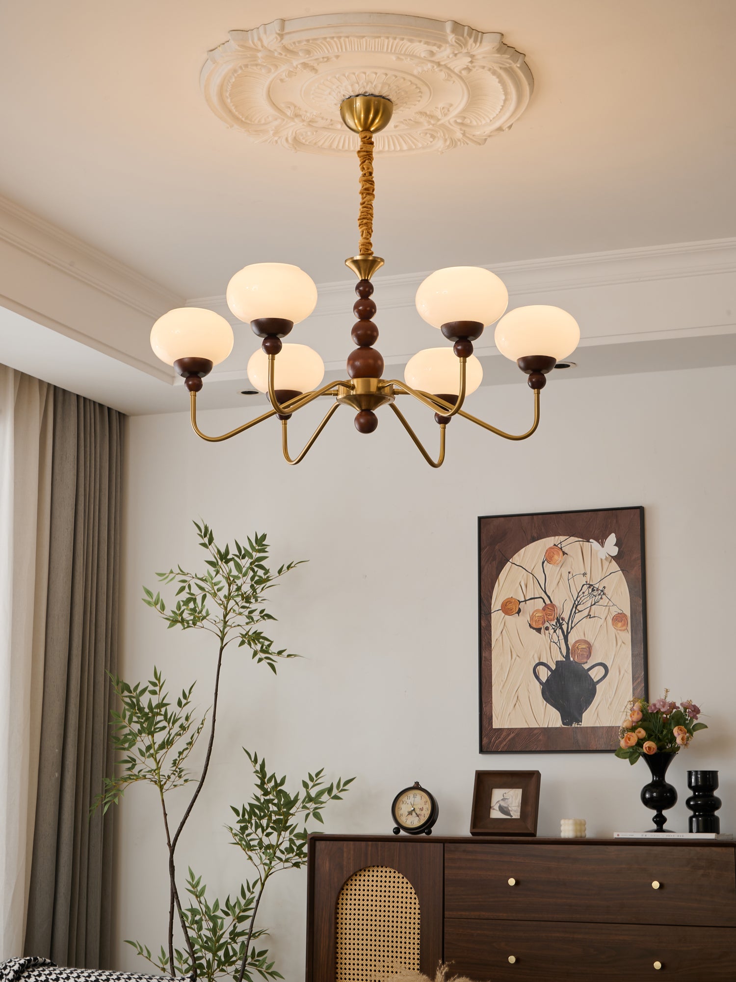 Lustra Chandelier Glass Wood Brass Modern 6-Light - Letslighting