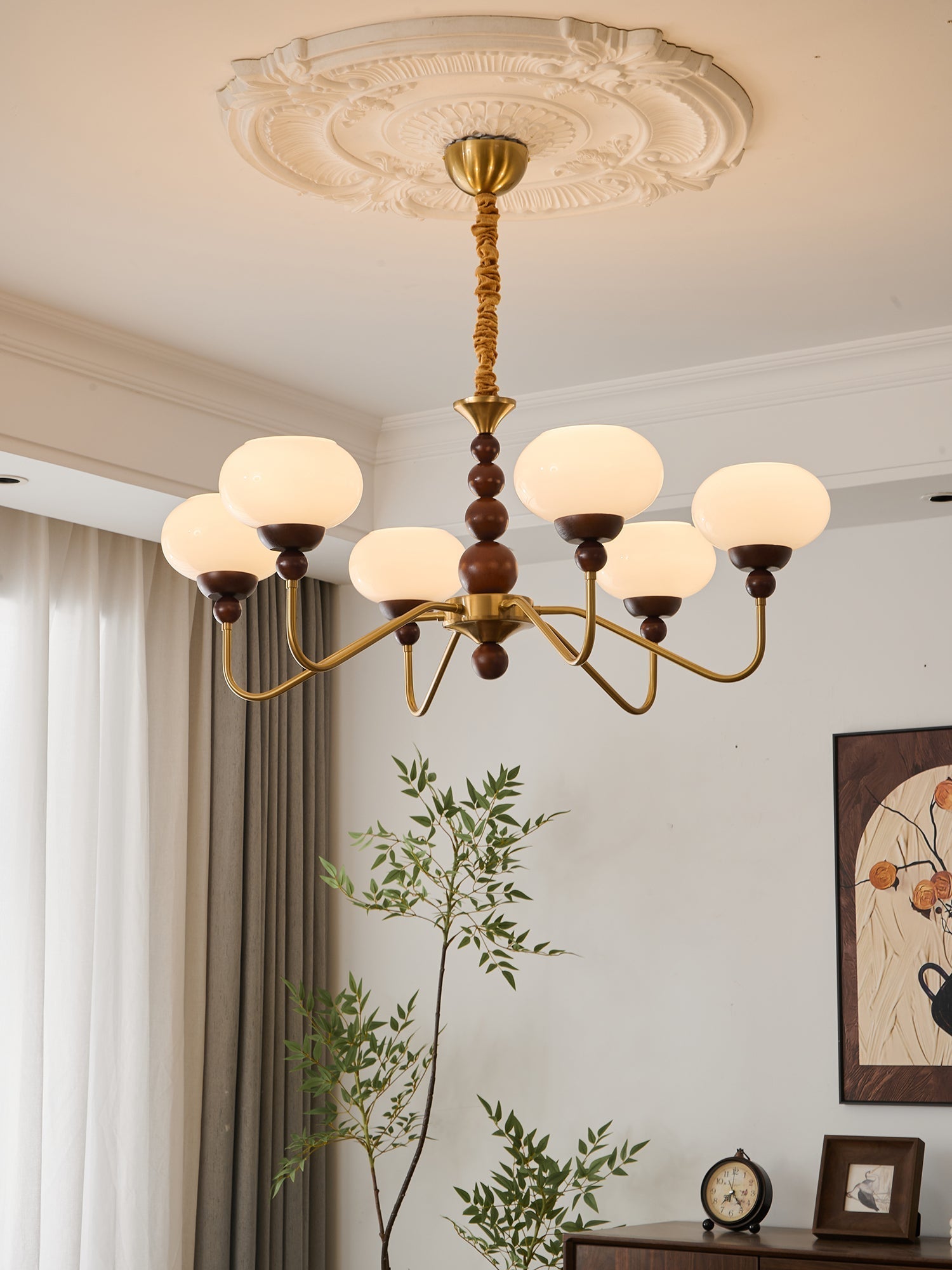 Lustra Chandelier Glass Wood Brass Modern 6-Light - Letslighting