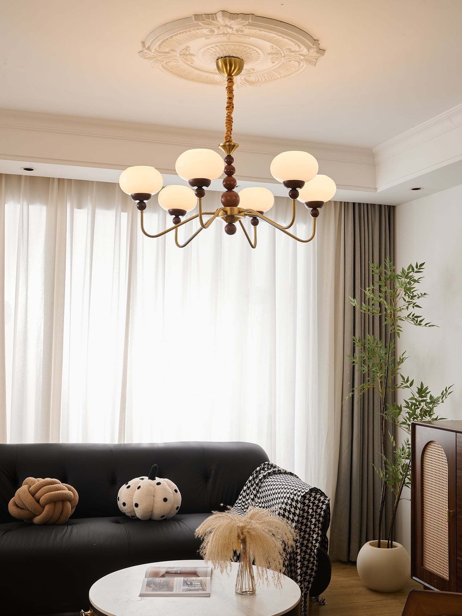 Lustra Chandelier Glass Wood Brass Modern 6-Light - Letslighting