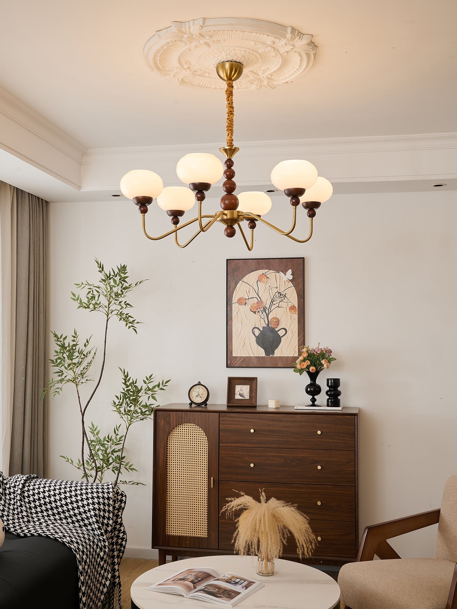 Lustra Chandelier Glass Wood Brass Modern 6-Light - Letslighting