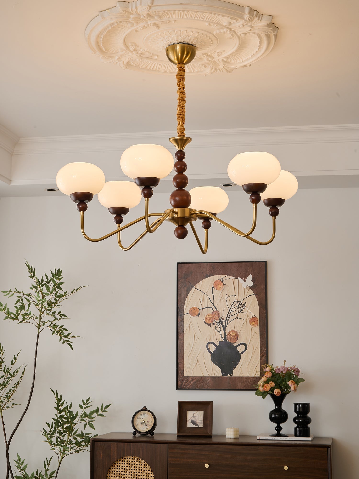 Lustra Chandelier Glass Wood Brass Modern 6-Light - Letslighting