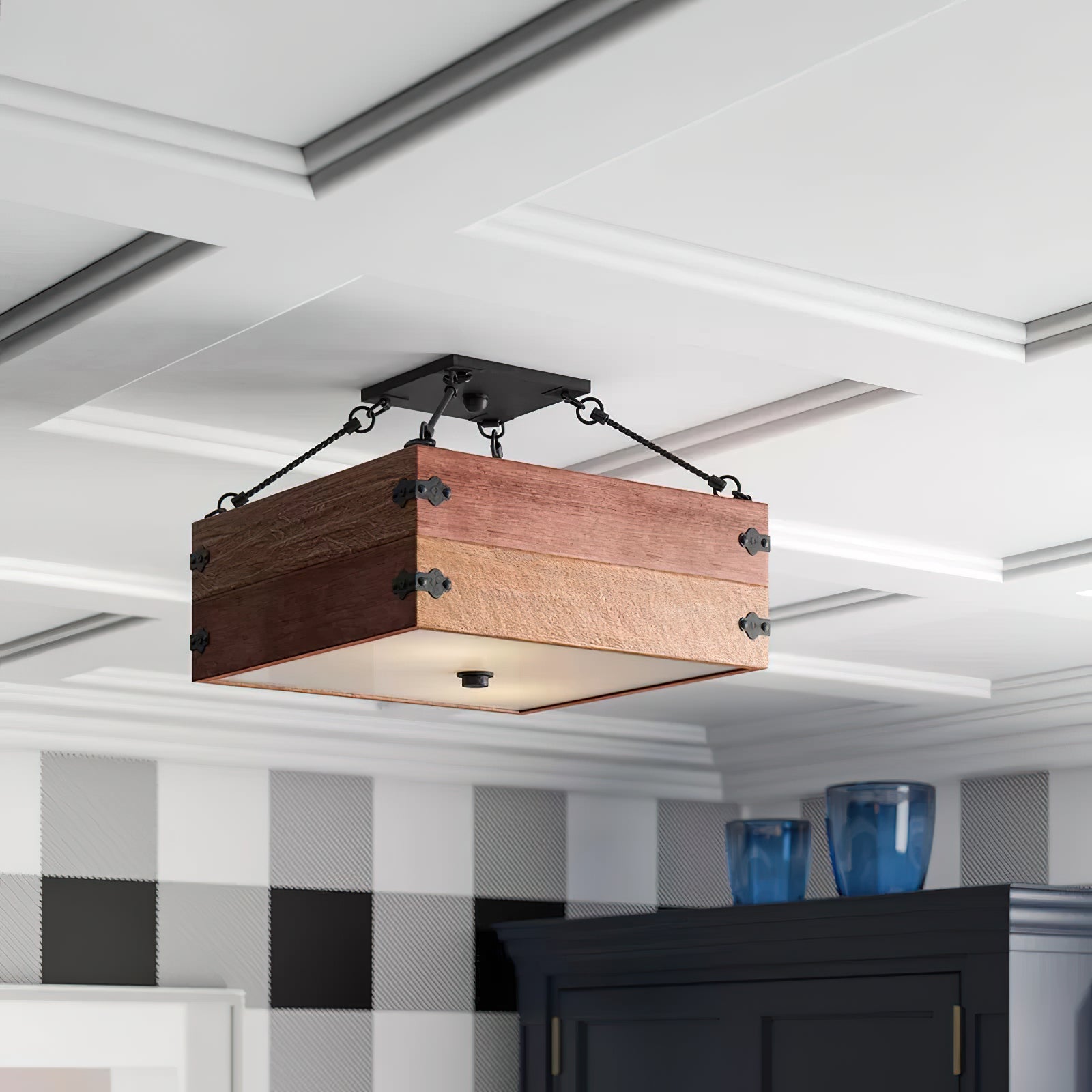 Vintage Industrial Wooden Semi-Flush Ceiling Lamp - Letslighting