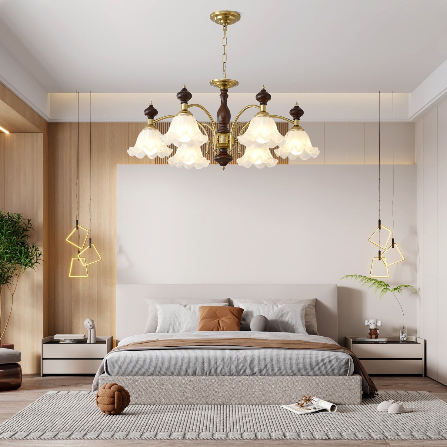 Lustra Chandelier Wood & Brass Blossom Flowers - Letslighting