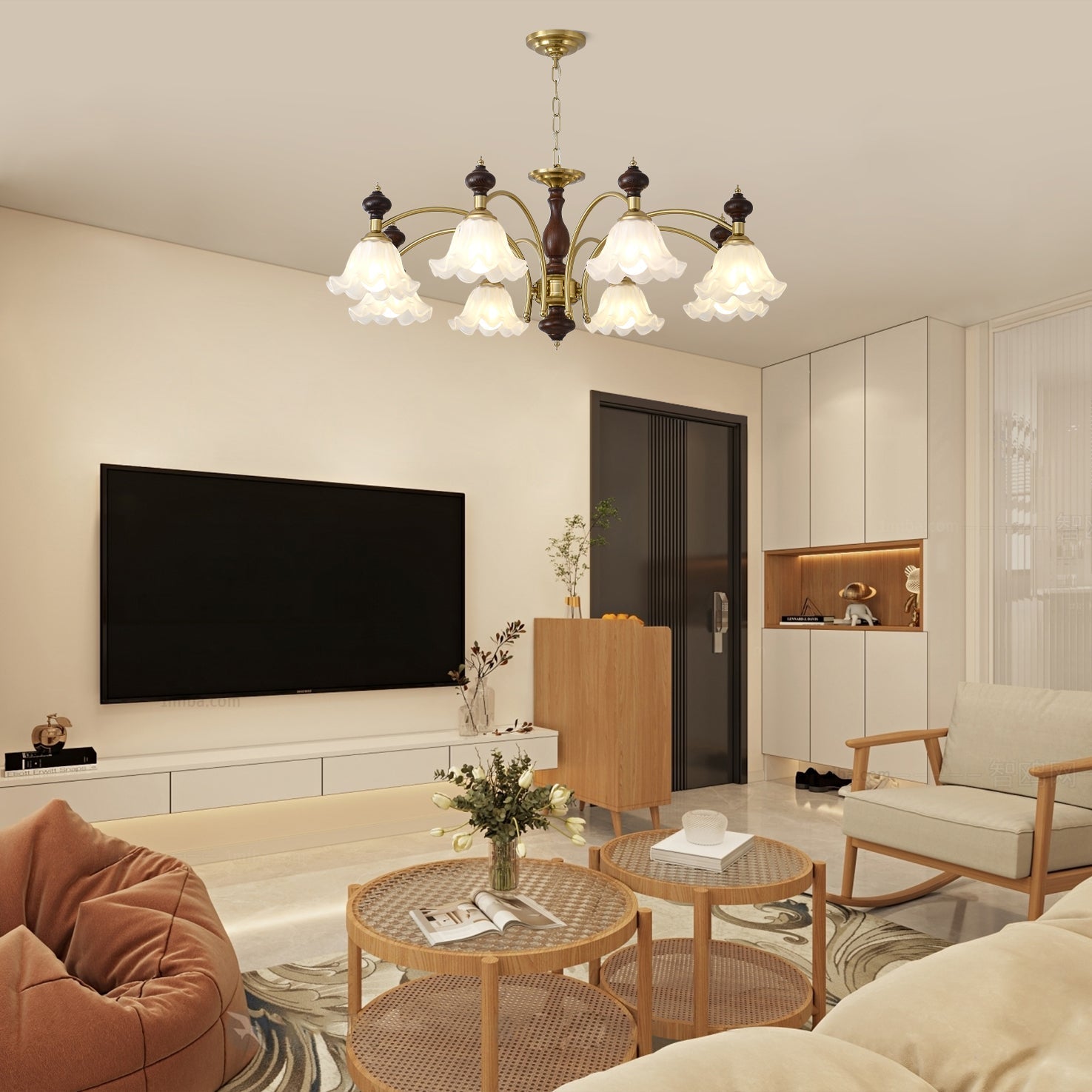 Lustra Chandelier Wood & Brass Blossom Flowers - Letslighting