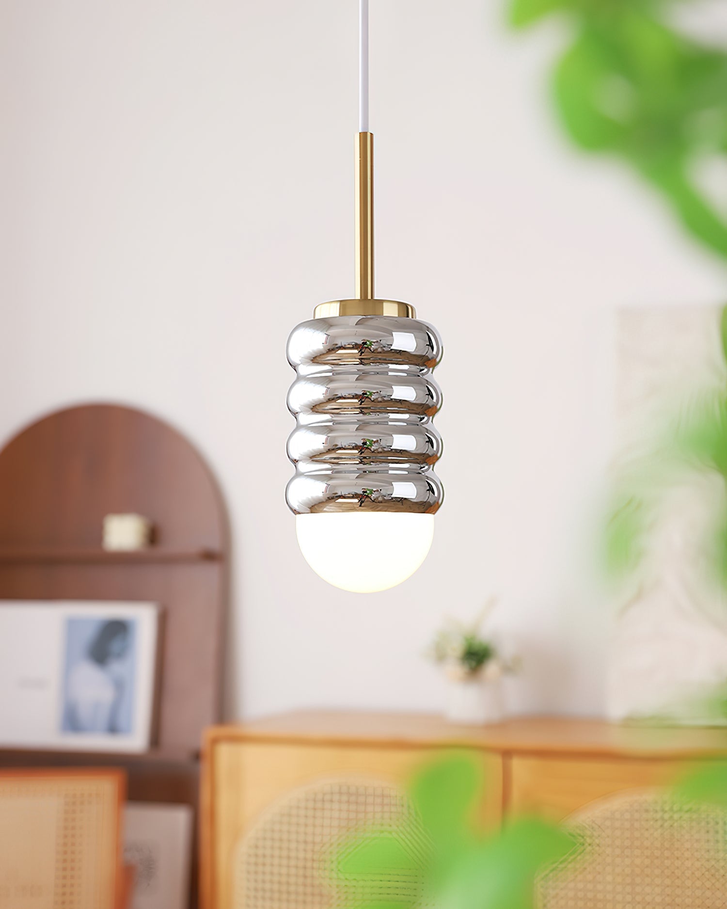 Pendant Lamp Ribbed Ceramic Shade Brass Warm Midcentury - Letslighting