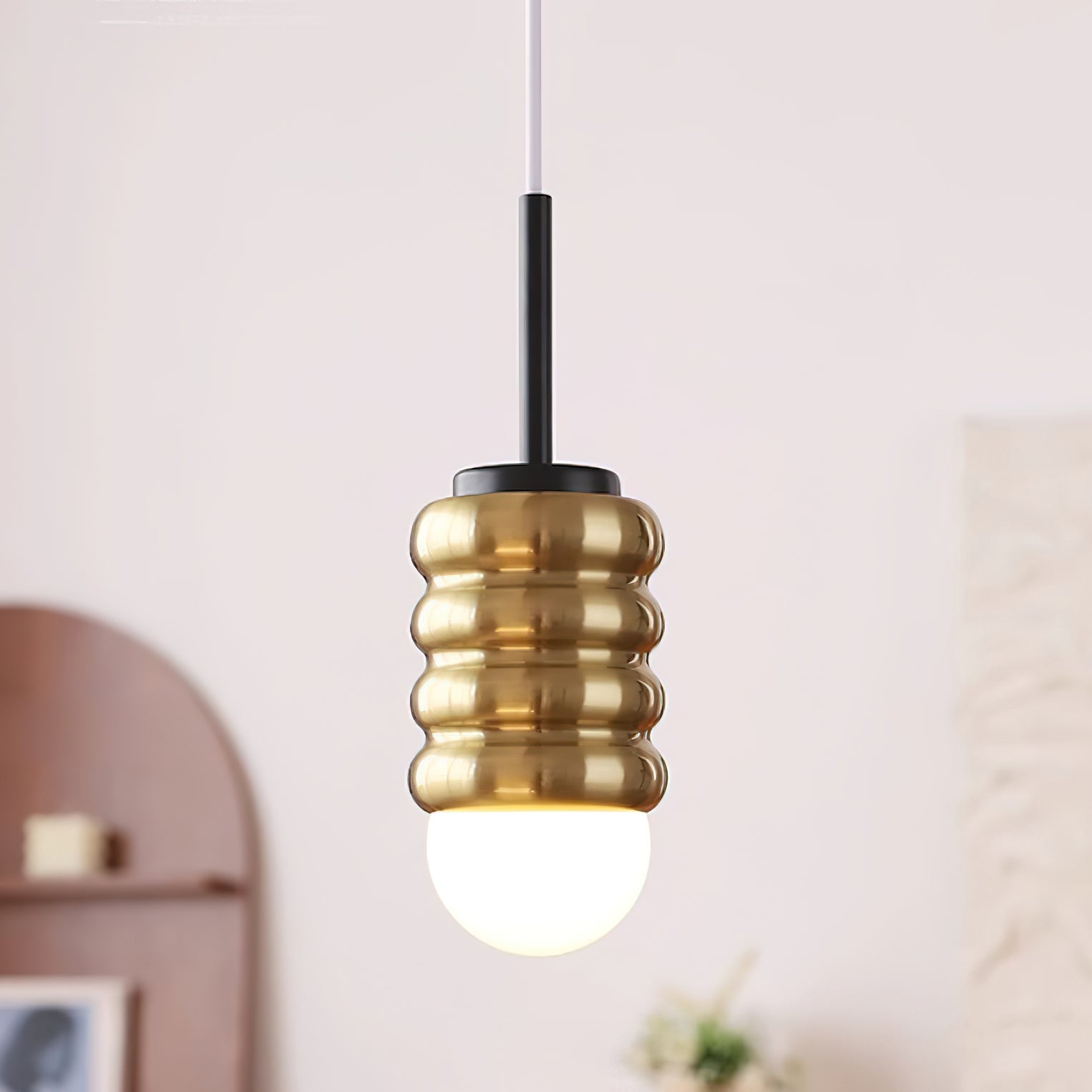Pendant Lamp Ribbed Ceramic Shade Brass Warm Midcentury - Letslighting