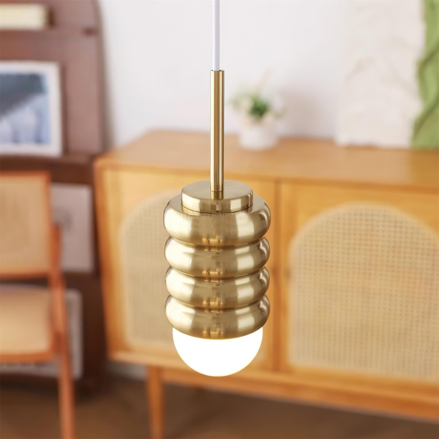 Pendant Lamp Ribbed Ceramic Shade Brass Warm Midcentury - Letslighting