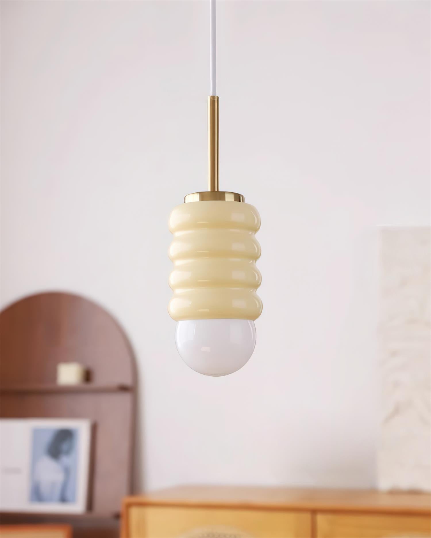Pendant Lamp Ribbed Ceramic Shade Brass Warm Midcentury - Letslighting