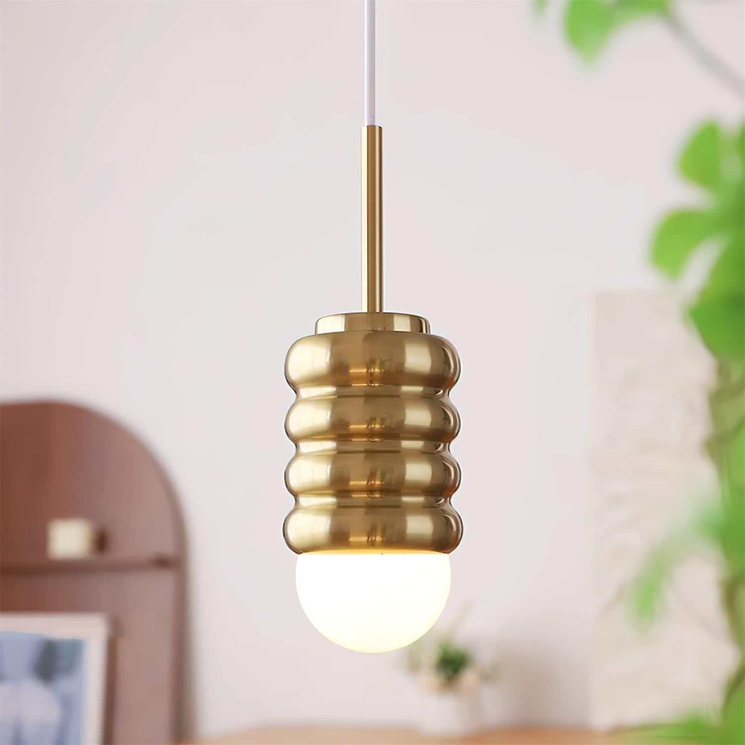Pendant Lamp Ribbed Ceramic Shade Brass Warm Midcentury - Letslighting