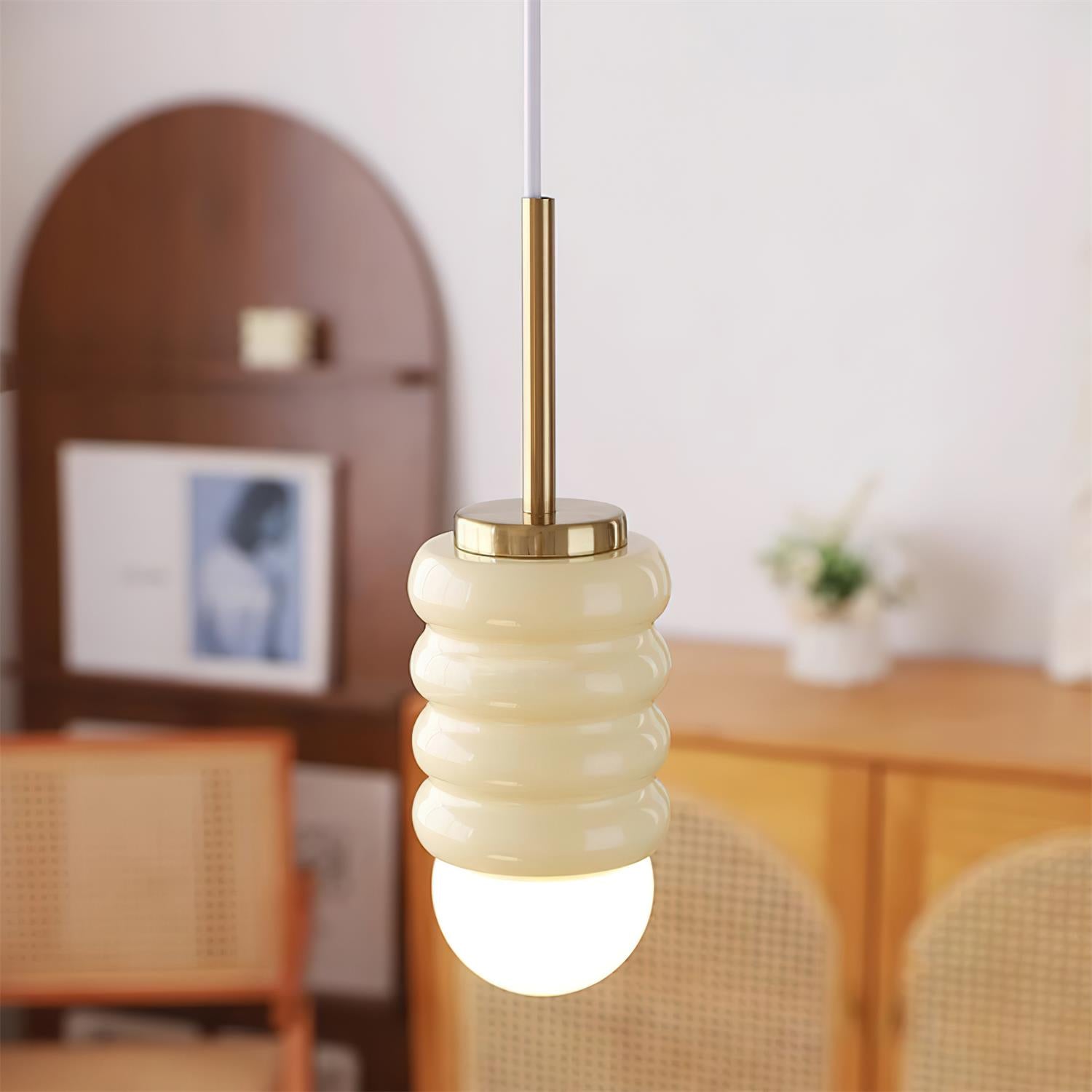 Pendant Lamp Ribbed Ceramic Shade Brass Warm Midcentury - Letslighting