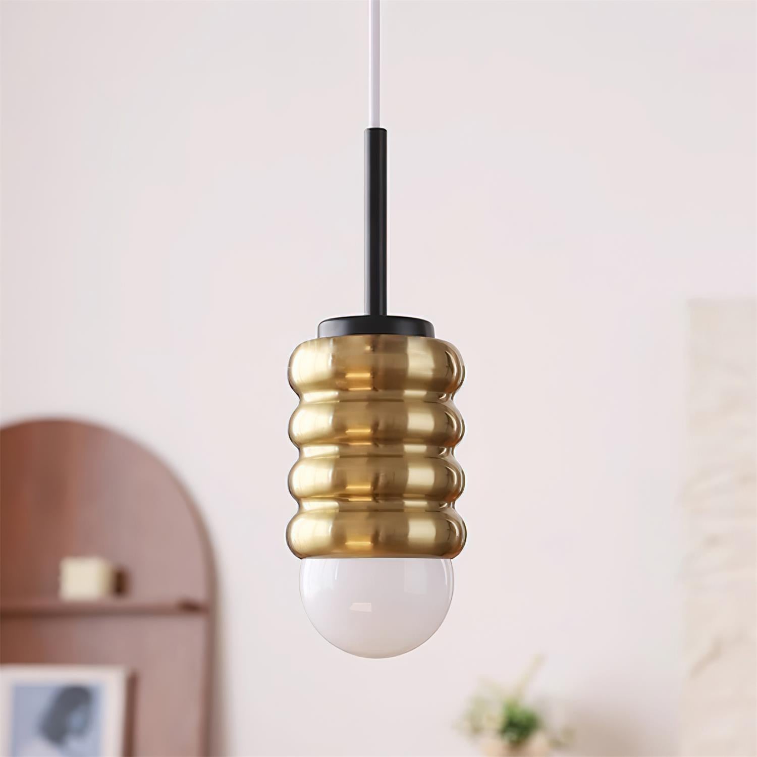 Pendant Lamp Ribbed Ceramic Shade Brass Warm Midcentury - Letslighting