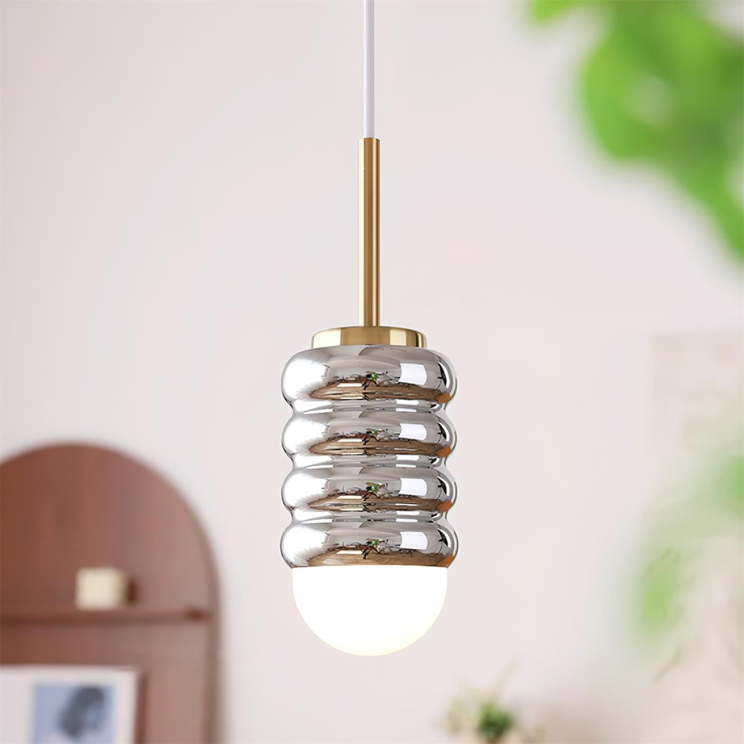 Pendant Lamp Ribbed Ceramic Shade Brass Warm Midcentury - Letslighting