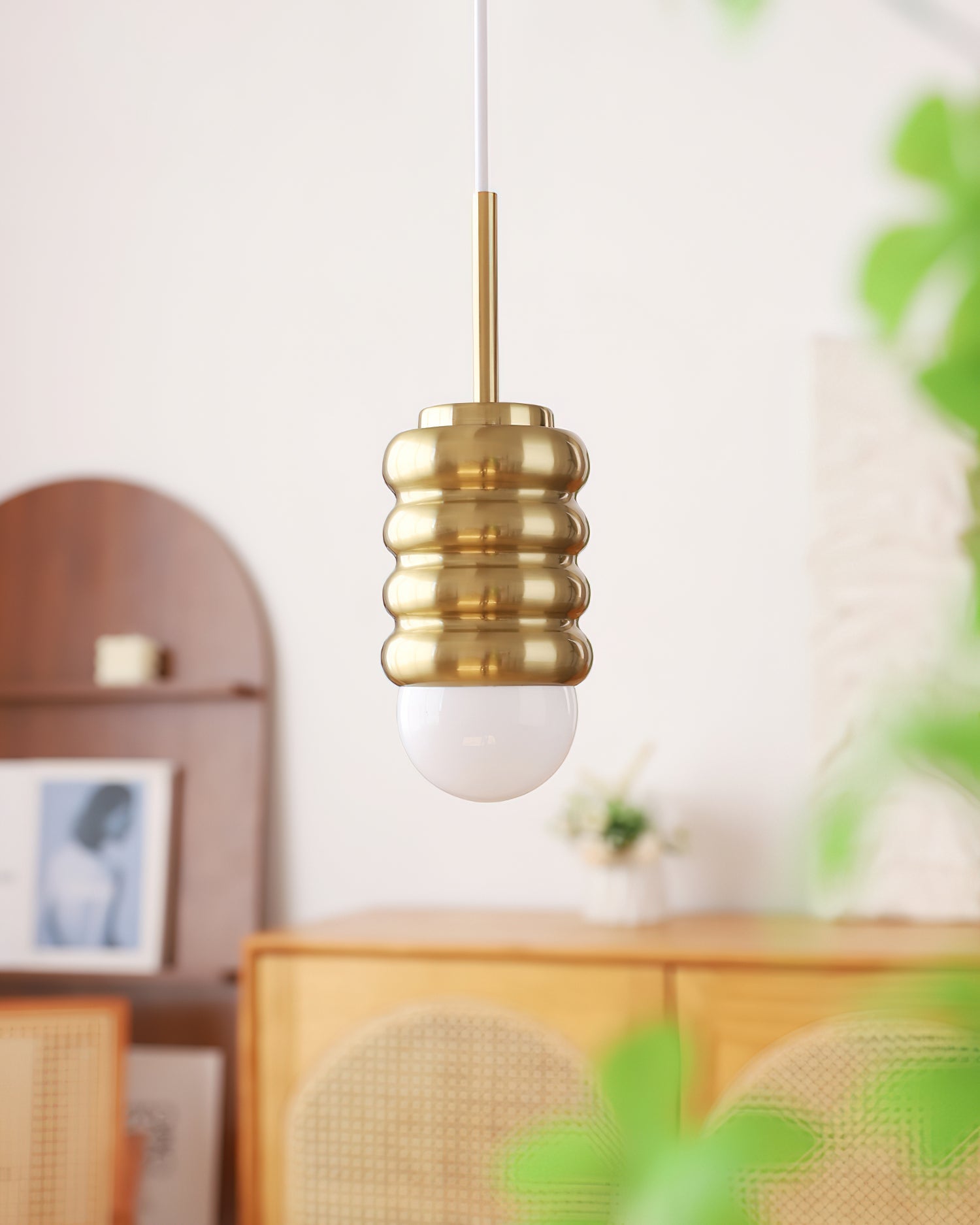 Pendant Lamp Ribbed Ceramic Shade Brass Warm Midcentury - Letslighting