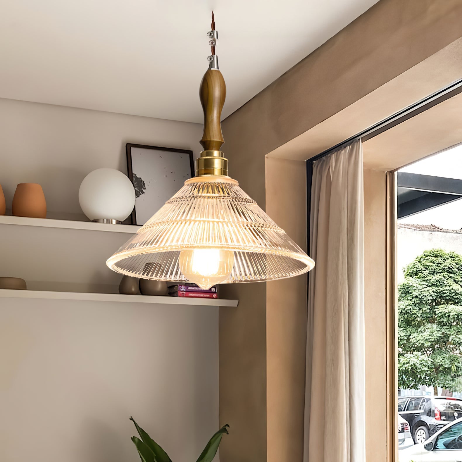 Arcara Vintage Ripple Glass Wood Pendant Lamp - Letslighting