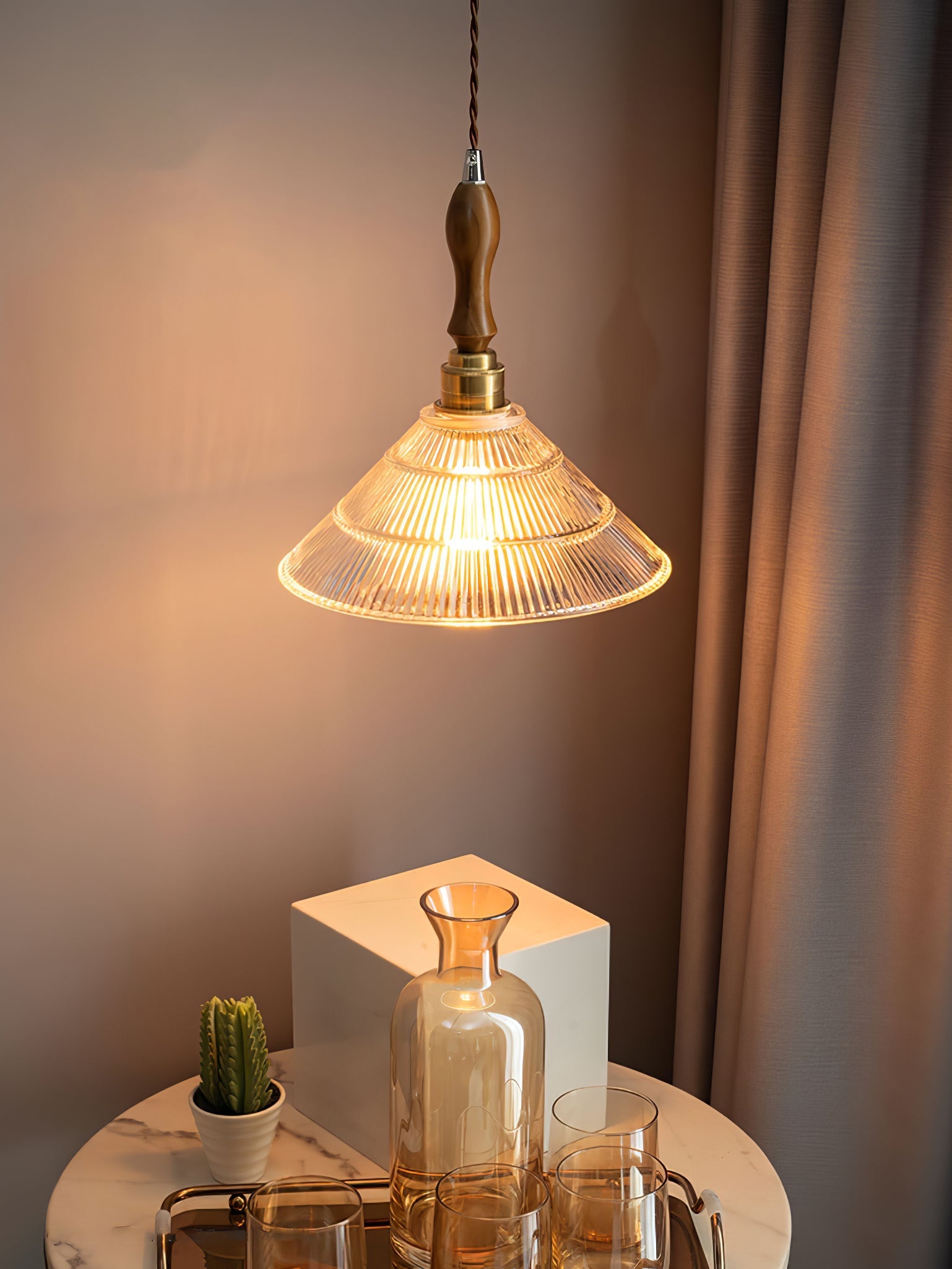 Arcara Vintage Ripple Glass Wood Pendant Lamp - Letslighting