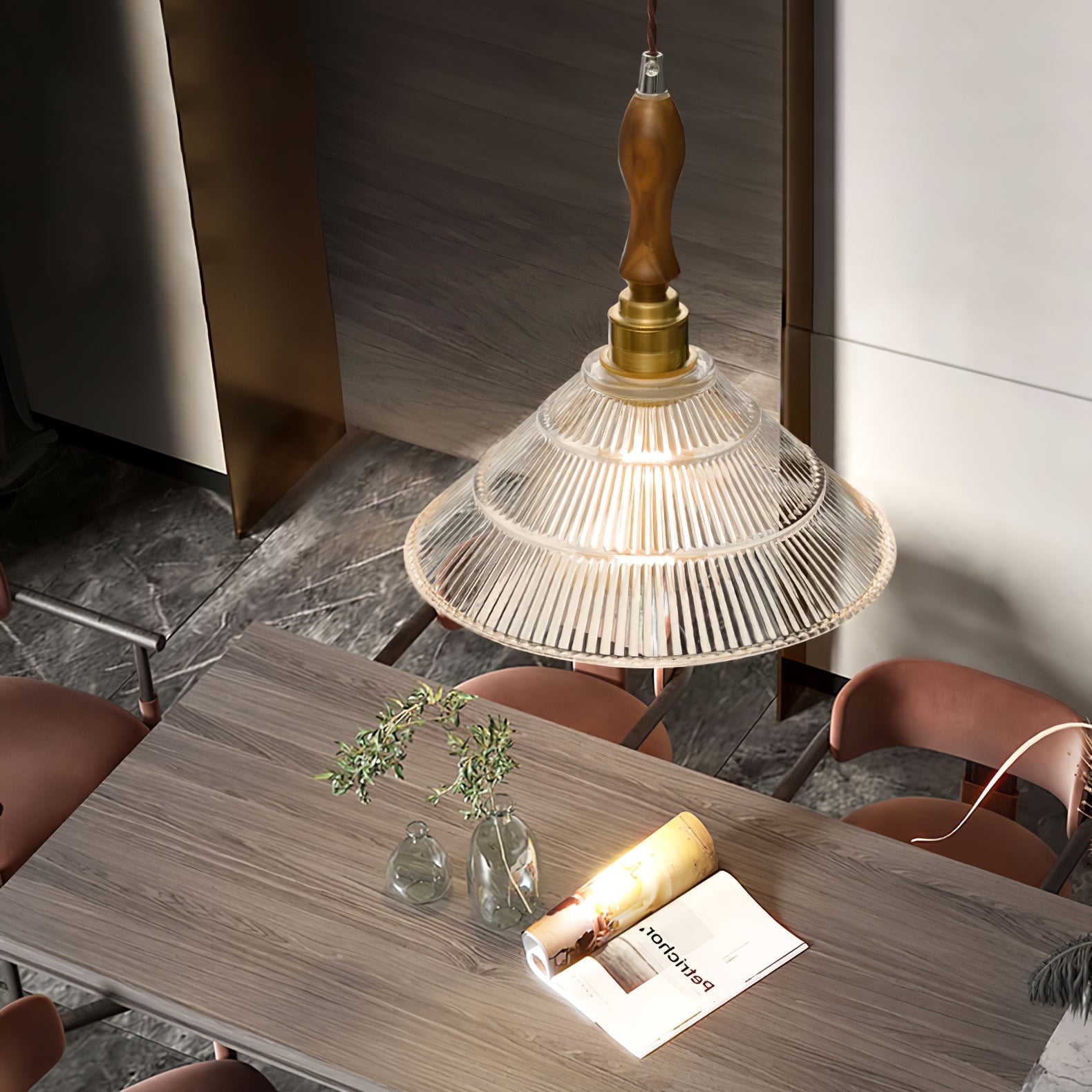 Arcara Vintage Ripple Glass Wood Pendant Lamp - Letslighting