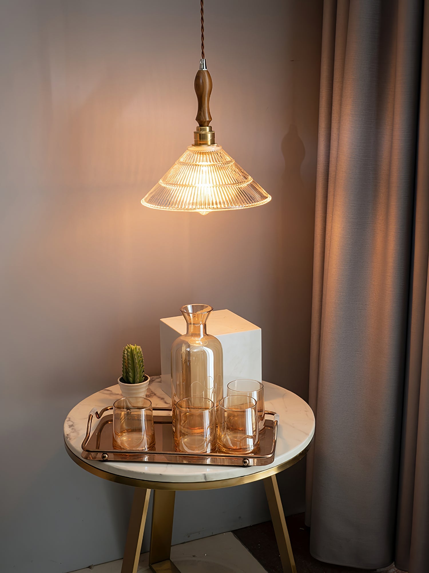 Arcara Vintage Ripple Glass Wood Pendant Lamp - Letslighting