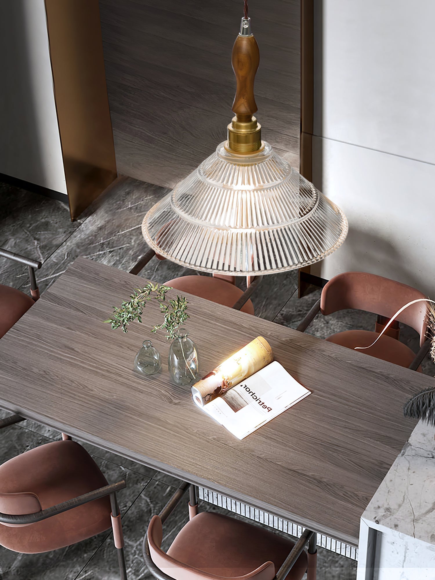 Arcara Vintage Ripple Glass Wood Pendant Lamp - Letslighting