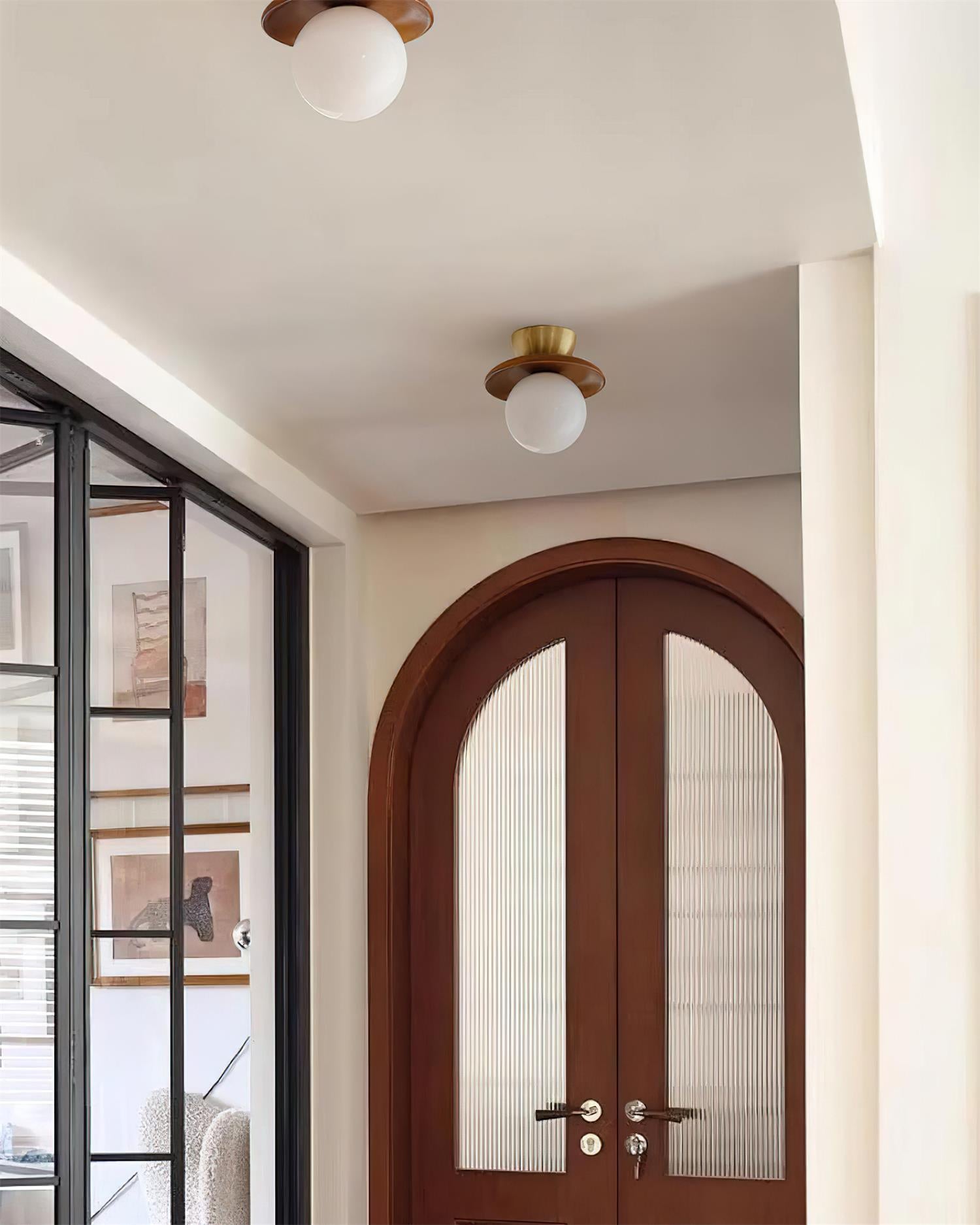 Ceiling Light Globe Opal Glass Modern Brass Walnut Accent Flush Mount - Letslighting