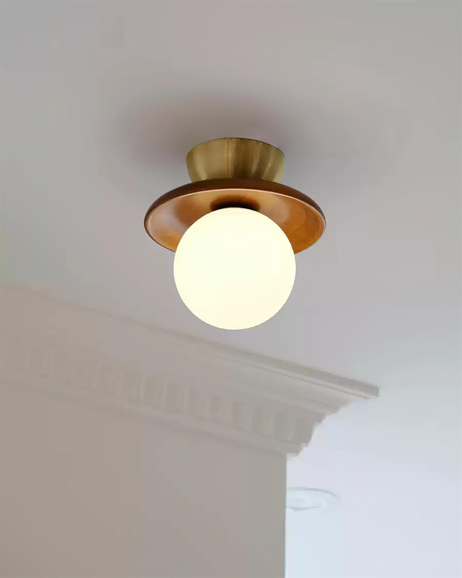 Ceiling Light Globe Opal Glass Modern Brass Walnut Accent Flush Mount - Letslighting