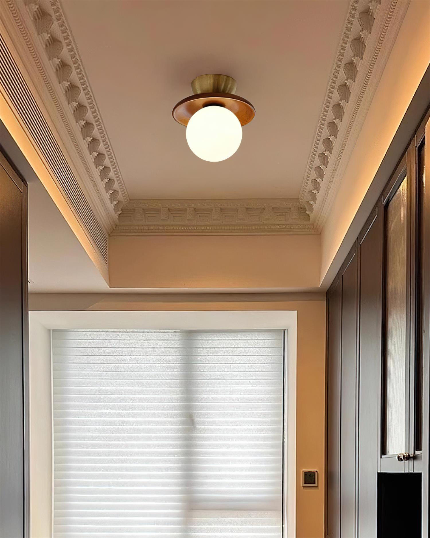 Ceiling Light Globe Opal Glass Modern Brass Walnut Accent Flush Mount - Letslighting