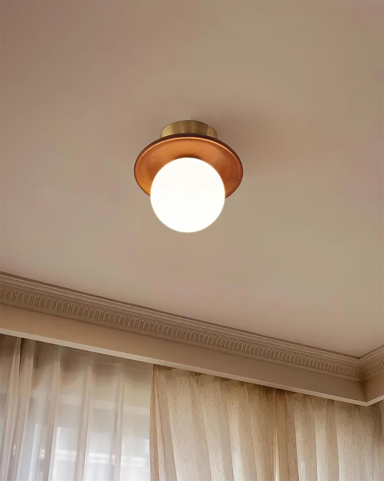 Ceiling Light Globe Opal Glass Modern Brass Walnut Accent Flush Mount - Letslighting