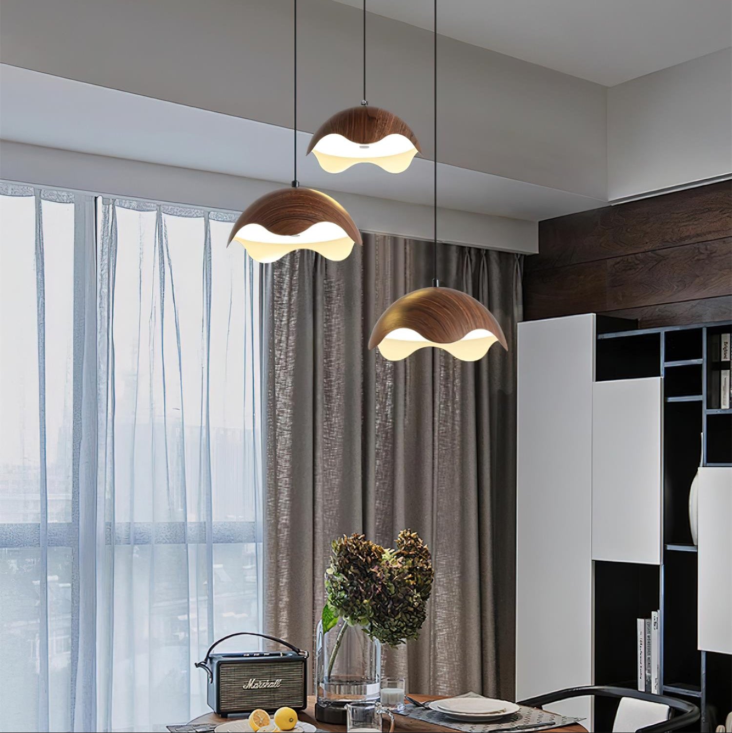 Pendant Lamp Wood-Grain Shade Wave Ambient Minimalist - Letslighting