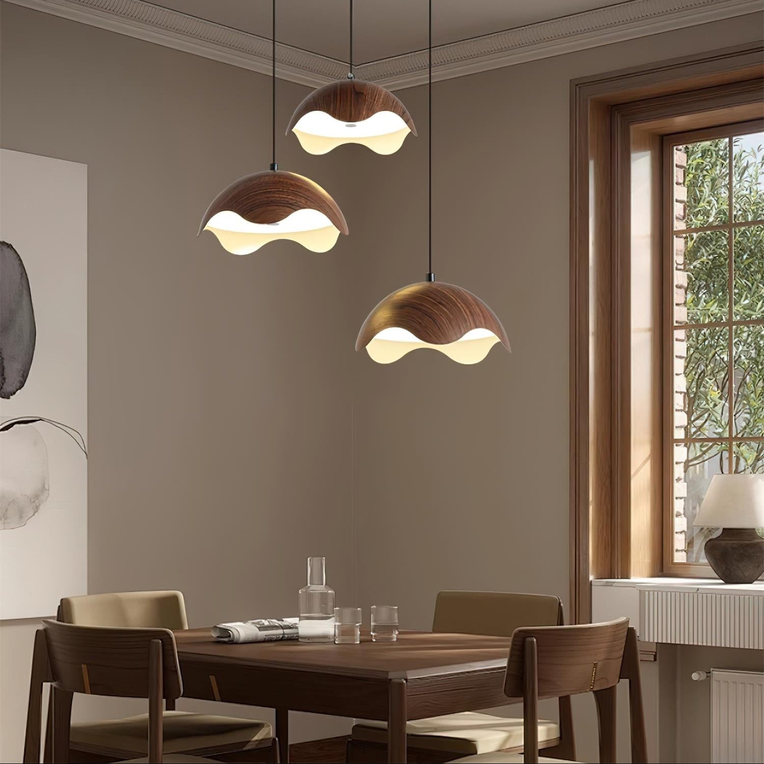 Pendant Lamp Wood-Grain Shade Wave Ambient Minimalist - Letslighting