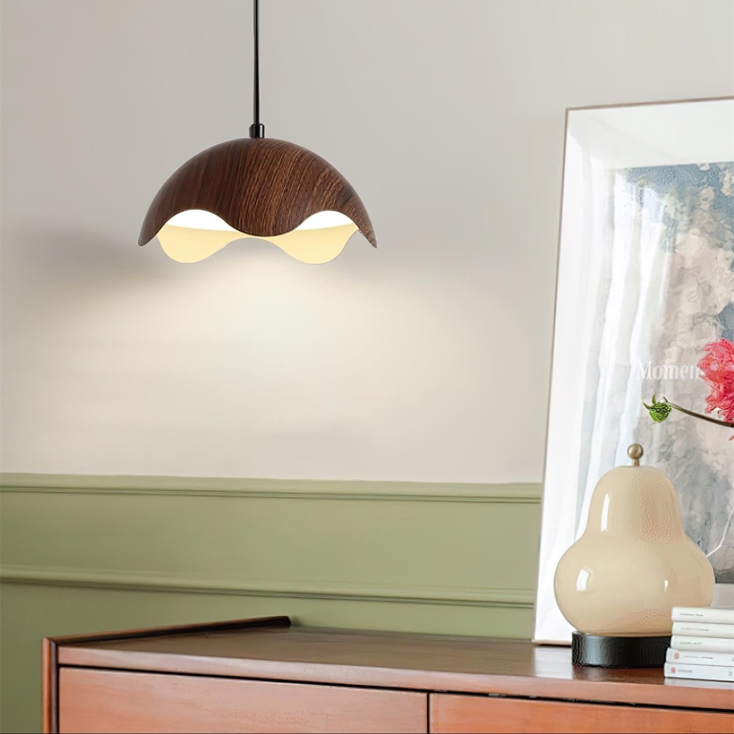 Pendant Lamp Wood-Grain Shade Wave Ambient Minimalist - Letslighting
